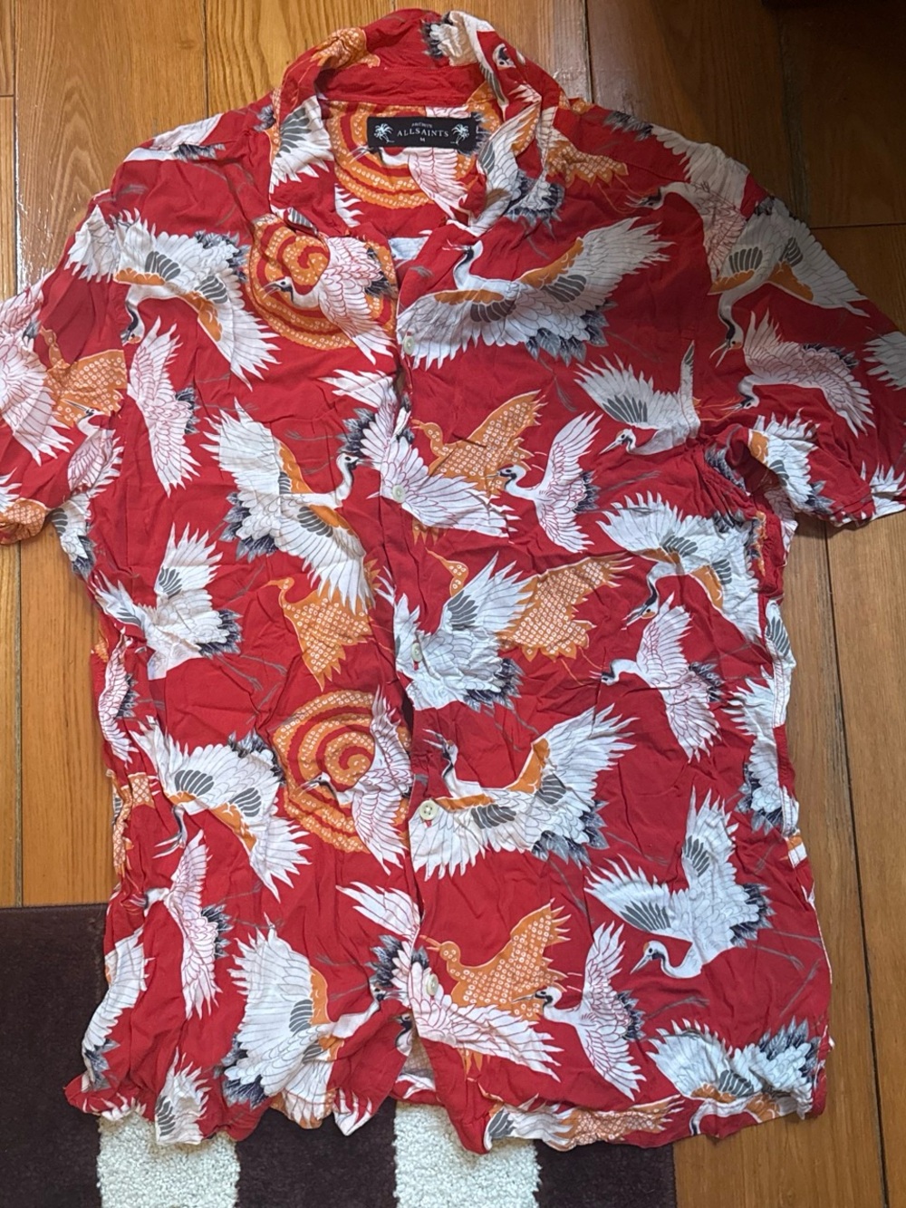 All Saints Red Crane Print Short-Sleeve Shirt size s